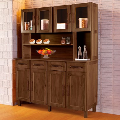 Armário de Cozinha Noruega Madeira Maciça 8 Portas 4 Gavetas com Vidro Imbuia Natural - Pnr Móveis