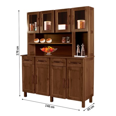 Armário de Cozinha Noruega Madeira Maciça 8 Portas 4 Gavetas com Vidro Imbuia Natural - Pnr Móveis