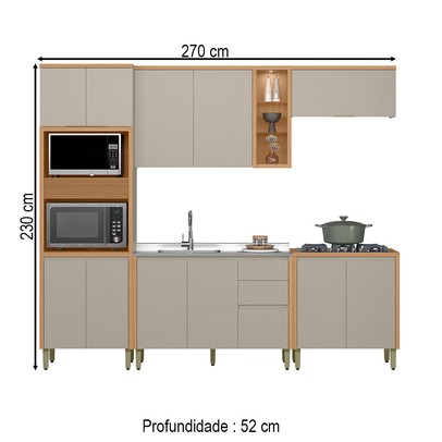 Cozinha Completa Allure 12 Portas 3 Gavetas 100% Mdf Jequitibá/Gris Fosco - Linea Brasil