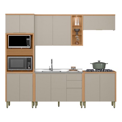 Cozinha Completa Allure 12 Portas 3 Gavetas 100% Mdf Jequitibá/Gris Fosco - Linea Brasil