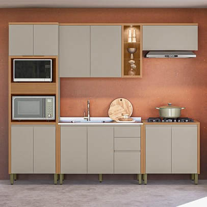 Cozinha Completa Allure 12 Portas 3 Gavetas 100% Mdf Jequitibá/Gris Fosco - Linea Brasil