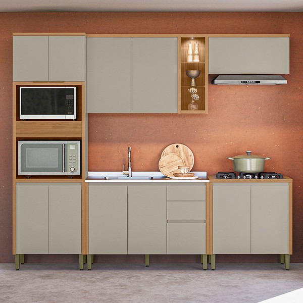Cozinha Completa Allure 12 Portas 3 Gavetas 100% Mdf Jequitibá/Gris Fosco - Linea Brasil