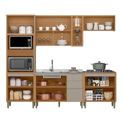 Cozinha Completa Allure 12 Portas 3 Gavetas 100% Mdf Jequitibá/Gris Fosco - Linea Brasil