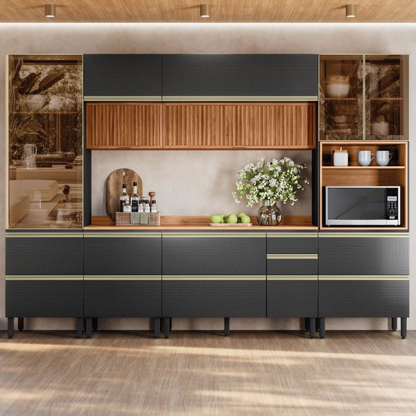 Cozinha Completa Proença 9 Portas 9 Gavetas Ripado com Vidro Dp3102rp Nogueira/Carbono Prime Tx - Demóbile