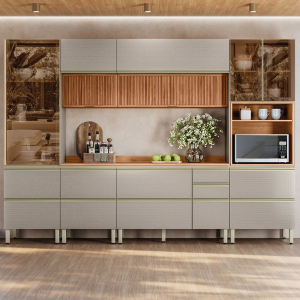 Cozinha Completa Proença 9 Portas 9 Gavetas Ripado com Vidro Dp3102rp Nogueira/Nude Prime Tx - Demóbile