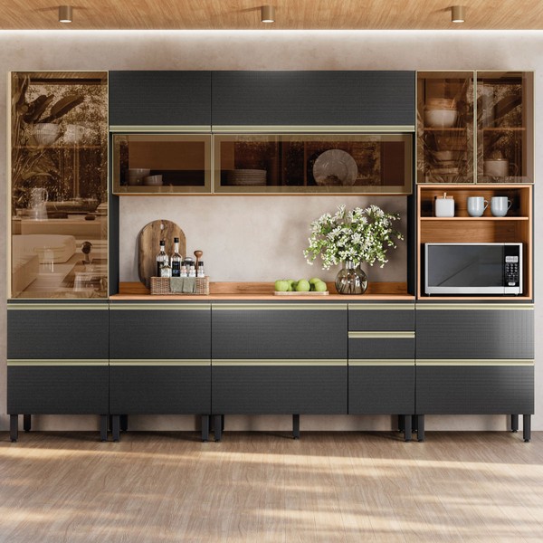 Cozinha Completa Proença 9 Portas 9 Gavetas com Vidro Dp3102rf Nogueira/Carbono Prime - Demóbile