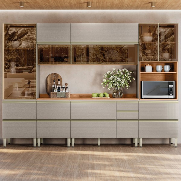 Cozinha Completa Proença 9 Portas 9 Gavetas com Vidro Dp3102rf Nogueira/Nude - Demóbile