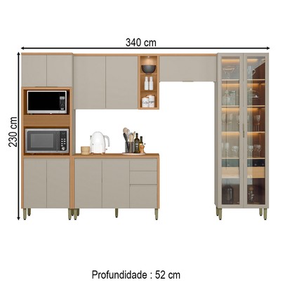 Cozinha Completa Allure 12 Portas 4 Gavetas 100% Mdf com Vidro Jequitibá/Gris - Linea Brasil