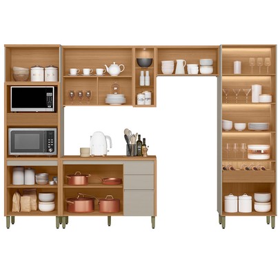 Cozinha Completa Allure 12 Portas 4 Gavetas 100% Mdf com Vidro Jequitibá/Gris - Linea Brasil
