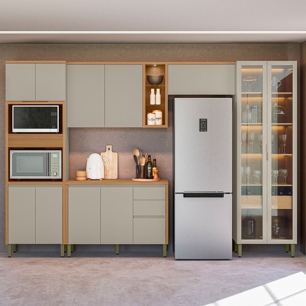 Cozinha Completa Allure 12 Portas 4 Gavetas 100% Mdf com Vidro Jequitibá/Gris - Linea Brasil