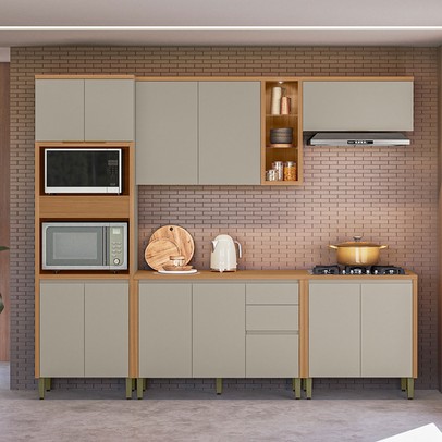 Cozinha Completa Allure 12 Portas 3 Gavetas 100% Mdf Jequitibá/Gris - Linea Brasil