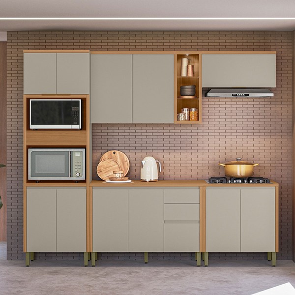Cozinha Completa Allure 12 Portas 3 Gavetas 100% Mdf Jequitibá/Gris - Linea Brasil