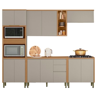 Cozinha Completa Allure 12 Portas 3 Gavetas 100% Mdf Jequitibá/Gris - Linea Brasil