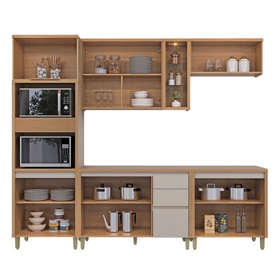 Cozinha Completa Allure 12 Portas 3 Gavetas 100% Mdf Jequitibá/Gris - Linea Brasil