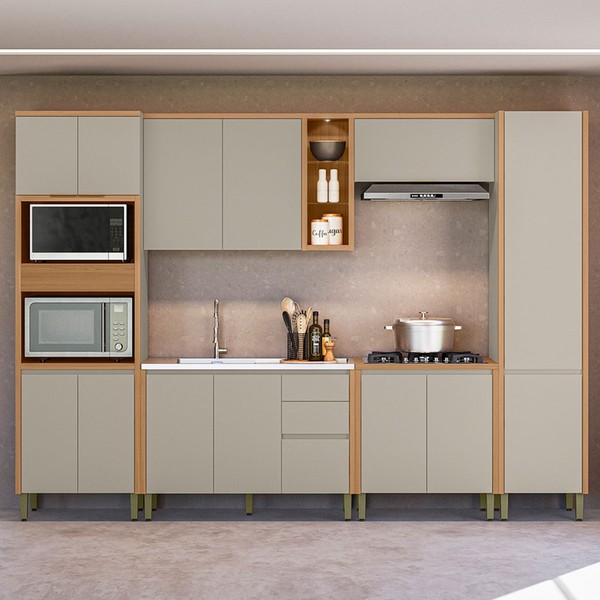 Cozinha Completa Allure 14 Portas 3 Gavetas 100% Mdf Jequitibá/Gris - Linea Brasil