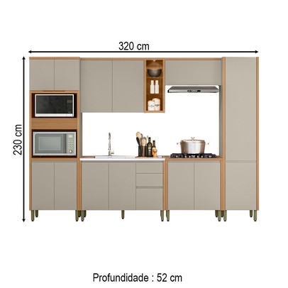 Cozinha Completa Allure 14 Portas 3 Gavetas 100% Mdf Jequitibá/Gris - Linea Brasil