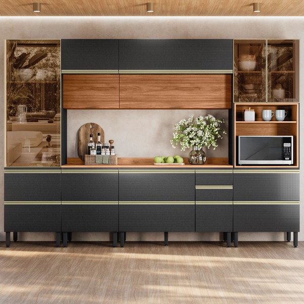 Cozinha Completa Proença 9 Portas 9 Gavetas 100% Mdf com Vidro Dp3102mf Nogueira/Carbono Prime - Demobile