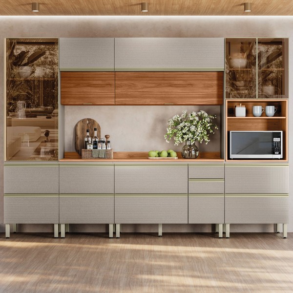 Cozinha Completa Proença 9 Portas 9 Gavetas 100% Mdf com Vidro Dp3102mf Nogueira/Nude - Demobile