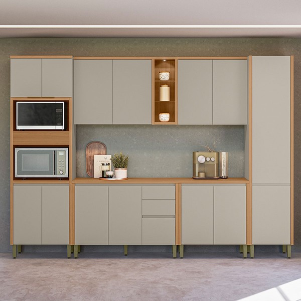 Cozinha Completa Allure 15 Portas 3 Gavetas 100% Mdf Jequitibá/Gris - Linea Brasil
