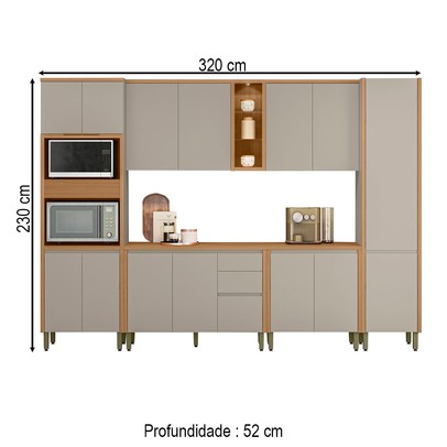 Cozinha Completa Allure 15 Portas 3 Gavetas 100% Mdf Jequitibá/Gris - Linea Brasil
