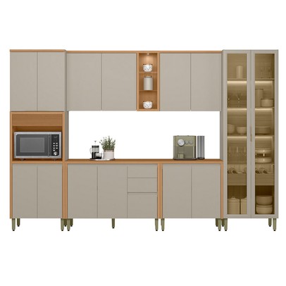 Cozinha Completa Allure 15 Portas 4 Gavetas 100% Mdf com Vidro 810016096 Jequitibá/Gris - Linea Brasil