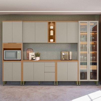 Cozinha Completa Allure 15 Portas 4 Gavetas 100% Mdf com Vidro 810016096 Jequitibá/Gris - Linea Brasil
