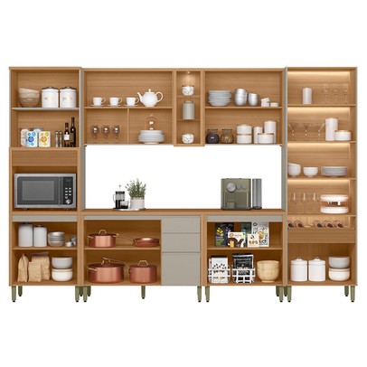 Cozinha Completa Allure 15 Portas 4 Gavetas 100% Mdf com Vidro 810016096 Jequitibá/Gris - Linea Brasil