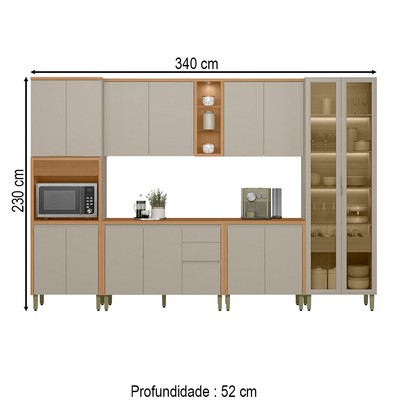 Cozinha Completa Allure 15 Portas 4 Gavetas 100% Mdf com Vidro 810016096 Jequitibá/Gris - Linea Brasil