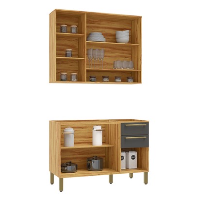 Cozinha Compacta Napoli 6 Portas 2 Gavetas 100% Mdf com Vidro Amêndoa/Chumbo - Rio Doce