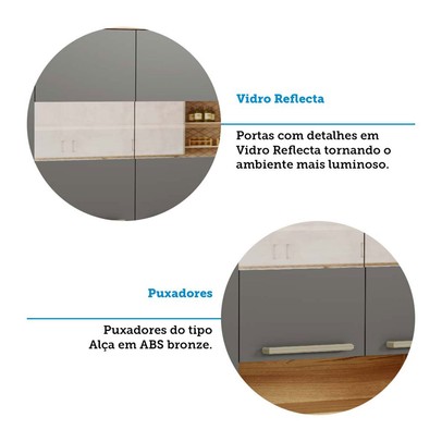 Cozinha Compacta Napoli 6 Portas 2 Gavetas 100% Mdf com Vidro Amêndoa/Chumbo - Rio Doce