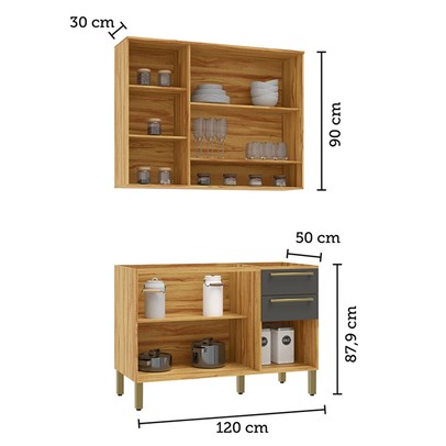 Cozinha Compacta Napoli 6 Portas 2 Gavetas 100% Mdf com Vidro Amêndoa/Chumbo - Rio Doce