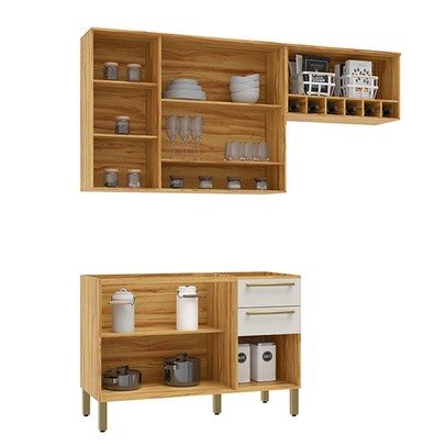 Cozinha Compacta Napoli 7 Portas 2 Gavetas 100% Mdf com Vidro 11066 Amêndoa/Off White - Rio Doce