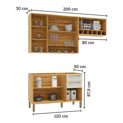 Cozinha Compacta Napoli 7 Portas 2 Gavetas 100% Mdf com Vidro 11066 Amêndoa/Off White - Rio Doce