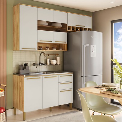 Cozinha Compacta Napoli 7 Portas 2 Gavetas 100% Mdf com Vidro 11066 Amêndoa/Off White - Rio Doce