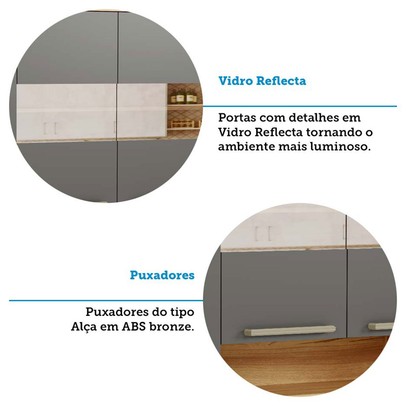 Cozinha Compacta Napoli 7 Portas 2 Gavetas 100% Mdf com Vidro 11066 Amêndoa/Chumbo - Rio Doce