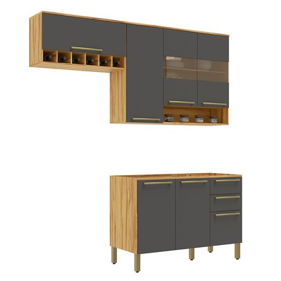 Cozinha Compacta Napoli 7 Portas 2 Gavetas 100% Mdf com Vidro 11066 Amêndoa/Chumbo - Rio Doce