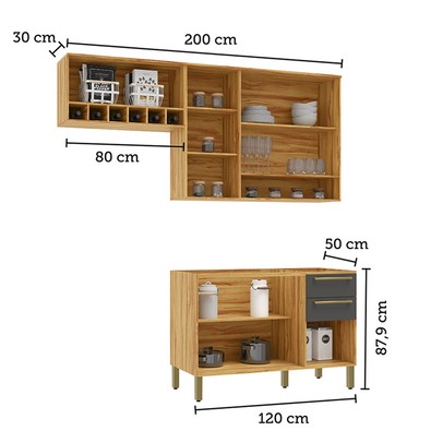 Cozinha Compacta Napoli 7 Portas 2 Gavetas 100% Mdf com Vidro 11066 Amêndoa/Chumbo - Rio Doce