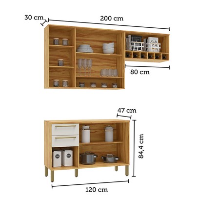 Cozinha Compacta Napoli 7 Portas 2 Gavetas 100% Mdf com Vidro Amêndoa/Off White - Rio Doce