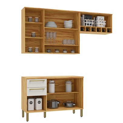 Cozinha Compacta Napoli 7 Portas 2 Gavetas 100% Mdf com Vidro Amêndoa/Off White - Rio Doce