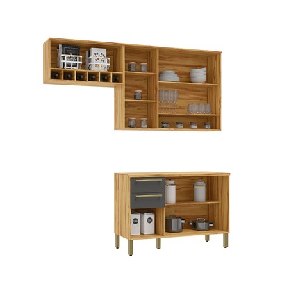 Cozinha Compacta Napoli 7 Portas 2 Gavetas 100% Mdf com Vidro Amêndoa/Chumbo - Rio Doce