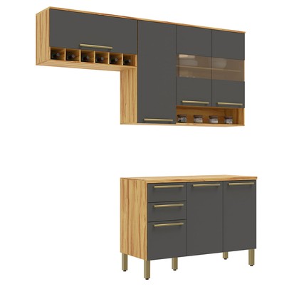 Cozinha Compacta Napoli 7 Portas 2 Gavetas 100% Mdf com Vidro Amêndoa/Chumbo - Rio Doce