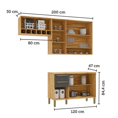 Cozinha Compacta Napoli 7 Portas 2 Gavetas 100% Mdf com Vidro Amêndoa/Chumbo - Rio Doce