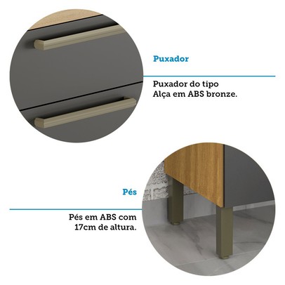 Cozinha Compacta Napoli 7 Portas 2 Gavetas 100% Mdf com Vidro Amêndoa/Chumbo - Rio Doce