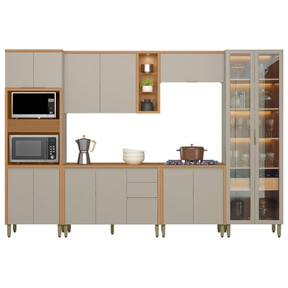 Cozinha Completa Allure 14 Portas 4 Gavetas 100% Mdf com Vidro 810016097 Jequitibá/Gris - Linea Brasil
