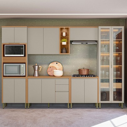 Cozinha Completa Allure 14 Portas 4 Gavetas 100% Mdf com Vidro 810016097 Jequitibá/Gris - Linea Brasil