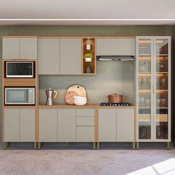Cozinha Completa Allure 14 Portas 4 Gavetas 100% Mdf com Vidro 810016097 Jequitibá/Gris - Linea Brasil