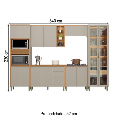 Cozinha Completa Allure 14 Portas 4 Gavetas 100% Mdf com Vidro 810016097 Jequitibá/Gris - Linea Brasil