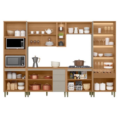 Cozinha Completa Allure 14 Portas 4 Gavetas 100% Mdf com Vidro 810016097 Jequitibá/Gris - Linea Brasil