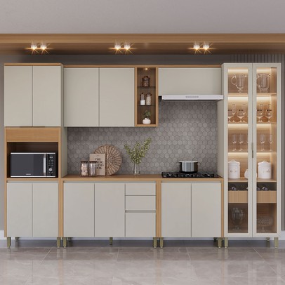 Cozinha Completa Allure 14 Portas 4 Gavetas 100% Mdf com Vidro Jequitibá/Gris - Linea Brasil