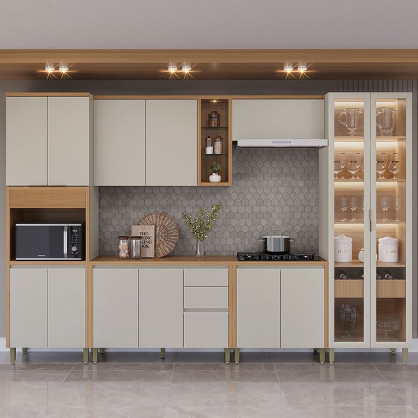 Cozinha Completa Allure 14 Portas 4 Gavetas 100% Mdf com Vidro Jequitibá/Gris - Linea Brasil